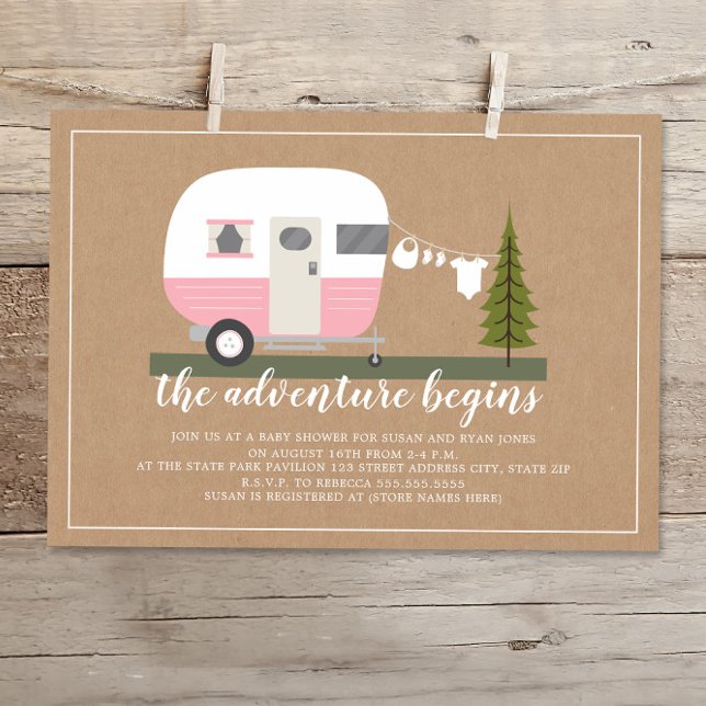 Adventure Pink Trailer Camper Woodland Baby Shower Invitation (Creator Uploaded)