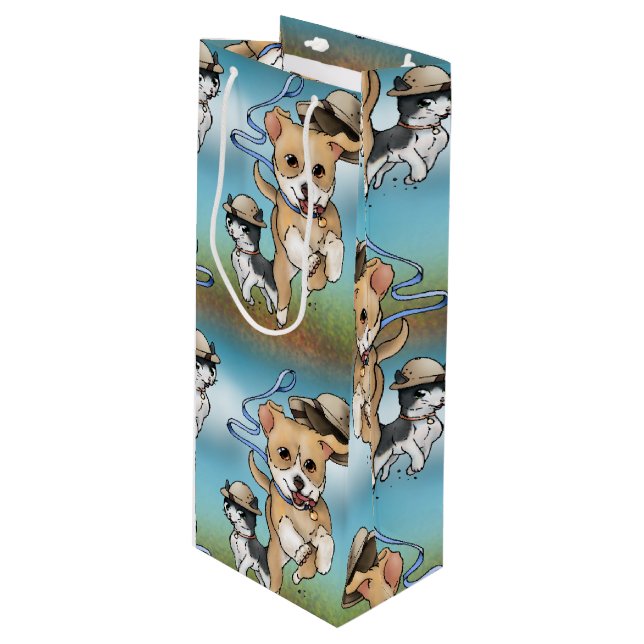 Adventure Pup and Kitty Wine Gift Bag (Front Angled)