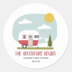 Adventure Red Camper Clothesline Baby Shower Classic Round Sticker