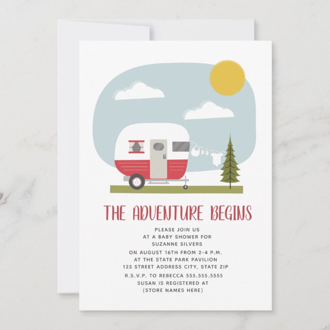 Adventure Red Camper Clothesline Baby Shower Invitation (Front)