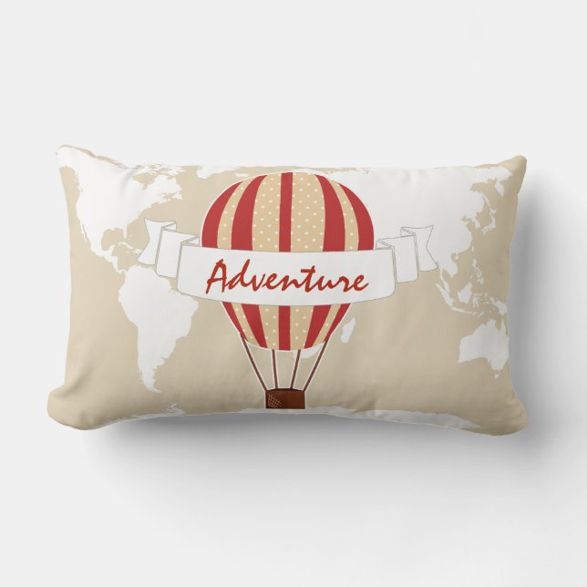 Adventure Red Hot Air Balloon & World Map Lumbar Cushion (Front)