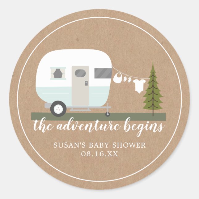Adventure Retro Camper Trailer Blue Baby Shower Classic Round Sticker (Front)