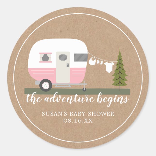Adventure Retro Camper Trailer Pink Baby Shower Classic Round Sticker (Front)