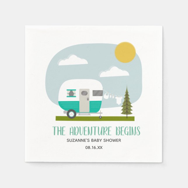 Adventure Retro Turquoise Camper Boy Baby Shower Napkin (Front)