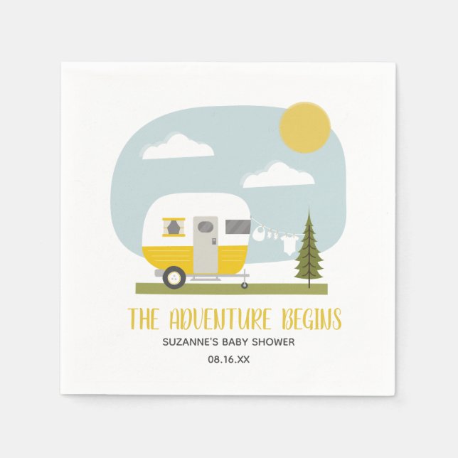 Adventure Retro Yellow Camper Neutral Baby Shower Napkin (Front)