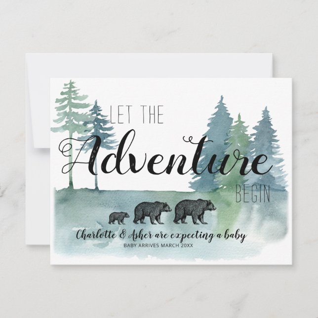 Adventure Rustic Watercolor Bears Pregnancy Announcement (Front)