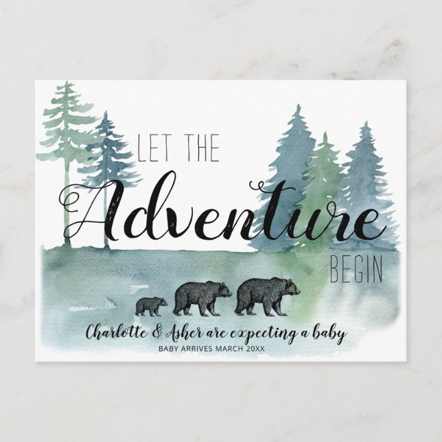 Adventure Rustic Watercolor Bears Pregnancy Announcement Postcard (Front)