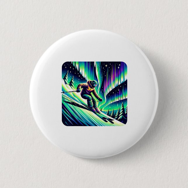 Adventure skiing under northern lights  6 cm round badge (Front)