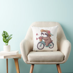 Adventure Sloth on Bike, Cute Sloth On A Bike Ride Cushion