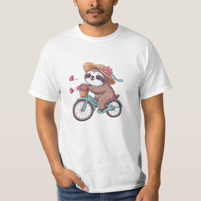Adventure Sloth on Bike, Cute Sloth On A Bike Ride T-Shirt (Front)