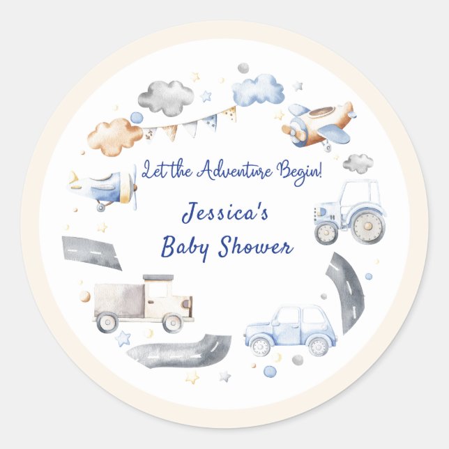 Adventure Transportation Boy Baby Shower  Classic Round Sticker (Front)