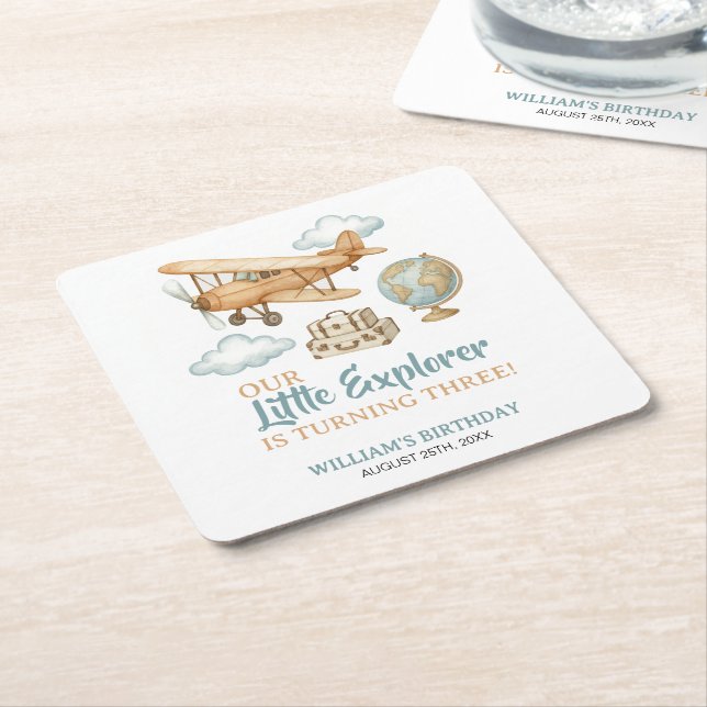 Adventure Travel Little Explorer Birthday Square Paper Coaster (Angled)