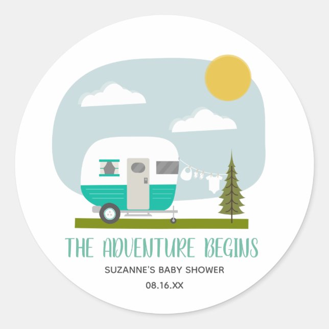 Adventure Turquoise Camper Clothesline Baby Shower Classic Round Sticker (Front)