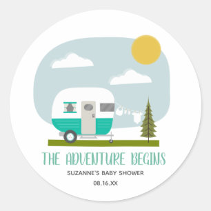 Adventure Turquoise Camper Clothesline Baby Shower Classic Round Sticker