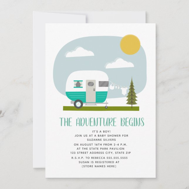 Adventure Turquoise Camper Clothesline Baby Shower Invitation (Front)