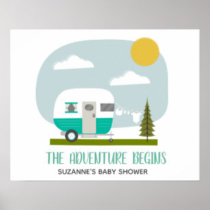 Adventure Turquoise Retro Camper Girl Baby Shower Poster