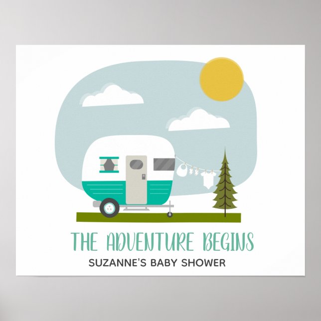 Adventure Turquoise Retro Camper Girl Baby Shower Poster (Front)