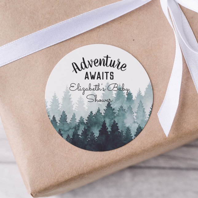Adventure Watercolor Rustic Forest Baby Shower  Classic Round Sticker (Creator Uploaded)