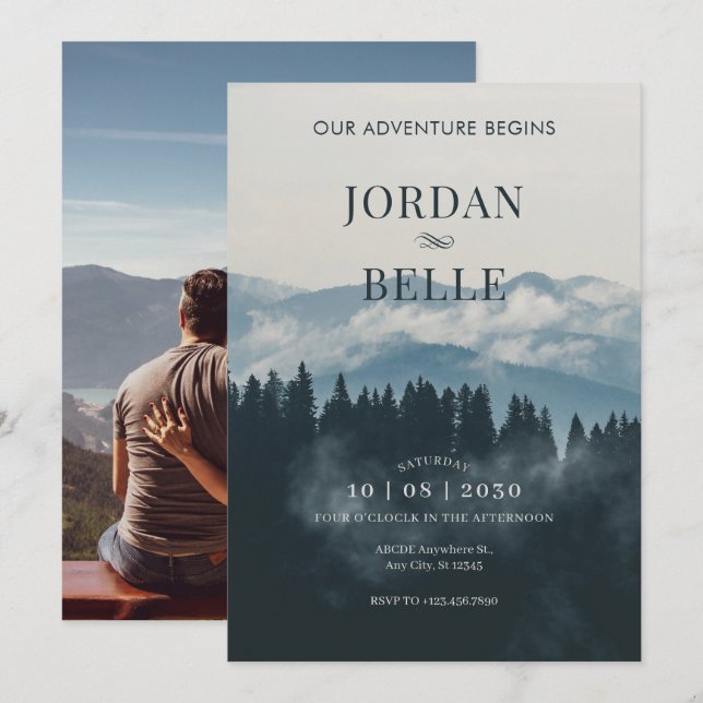 Adventure wedding photo forest minimalist  invitation (Front/Back)