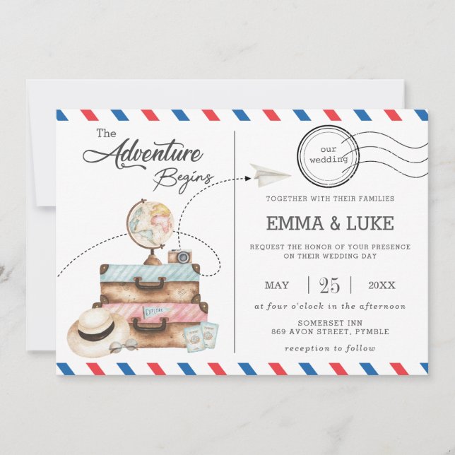 Adventure Wedding Travel Voyage Postage Mail Invitation (Front)