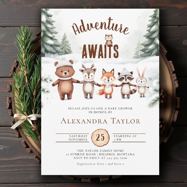 Adventure Woodland Animals Cold Winter Baby Shower Invitation (winter baby shower invitation cold outside cute woodland animals watercolor snowing pine brown)