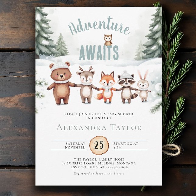 Adventure Woodland Animals Pine Winter Baby Shower Invitation (winter baby shower invitation cold outside cute woodland animals watercolor snowing pine watercolor )
