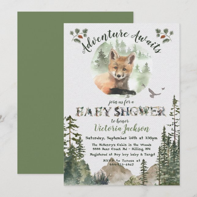 Adventure Woodland Baby Fox forest Baby Shower Invitation (Front/Back)