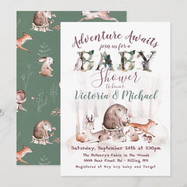 Adventure Woodland forest Animals Baby Shower Invitation (Front/Back)