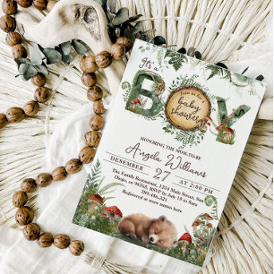 Adventure Woodland Mushroom Fern Baby Boy Shower Invitation