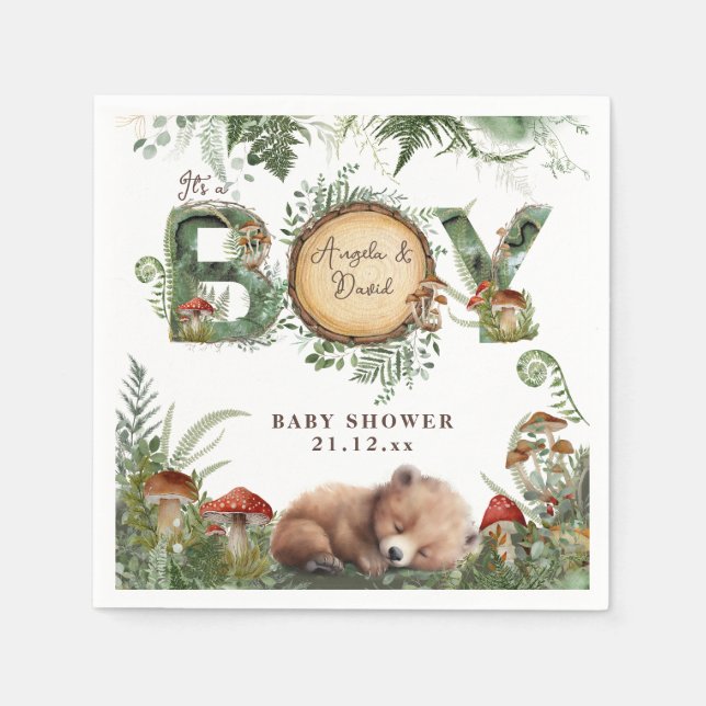 Adventure Woodland Mushroom Fern Baby Boy Shower Napkin (Front)