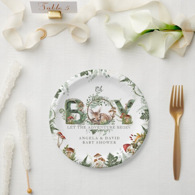 Adventure Woodland Mushroom Fern Baby Boy Shower Paper Plate (Wedding)