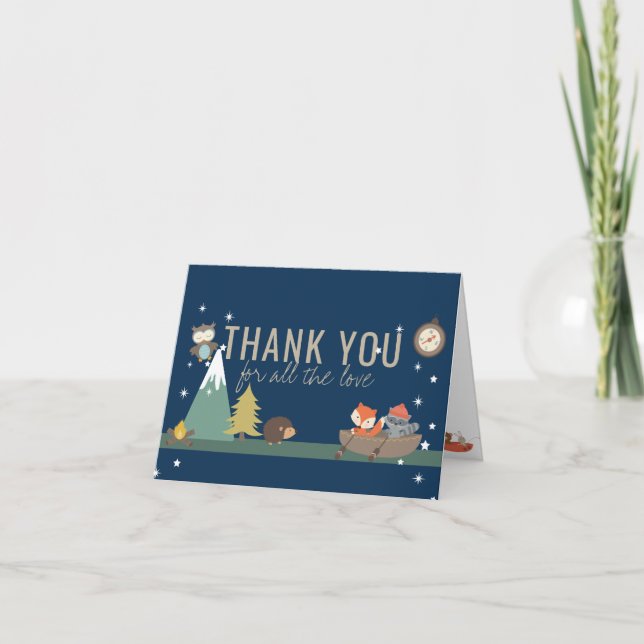 Adventure Woodland Navy Boy Baby Shower  Thank You Card (Front)