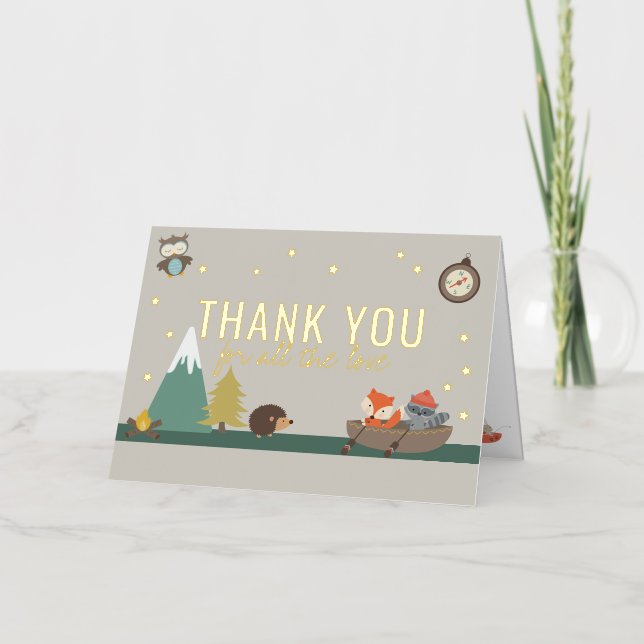 Adventure Woodland Neutral Baby Shower Thank You Foil Greeting Card (Front)