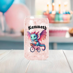 Adventurous baby dragon riding a bicycle in spring can glass