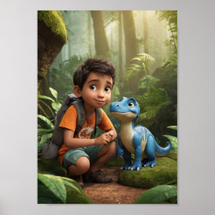 Adventurous Boy and Friendly Dinosaur Poster