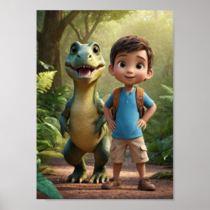 Adventurous Boy and Friendly Dinosaur Poster