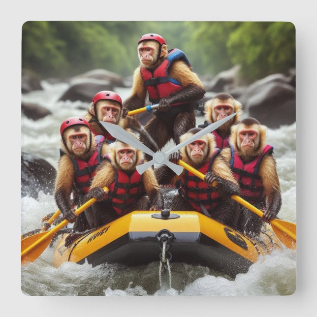 Adventurous Capuchin Monkeys Whitewater Rafting Square Wall Clock (Front)