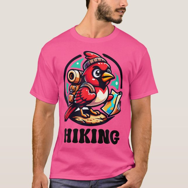 Adventurous Cartoon Red Cardinal Bird Hiking T-Shirt (Front)