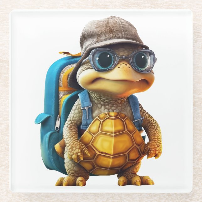 Adventurous Cute Little Turtle with Backpack, Glass Coaster (Front)