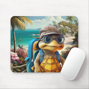 Adventurous Cute Little Turtle with Backpack, Mouse Mat