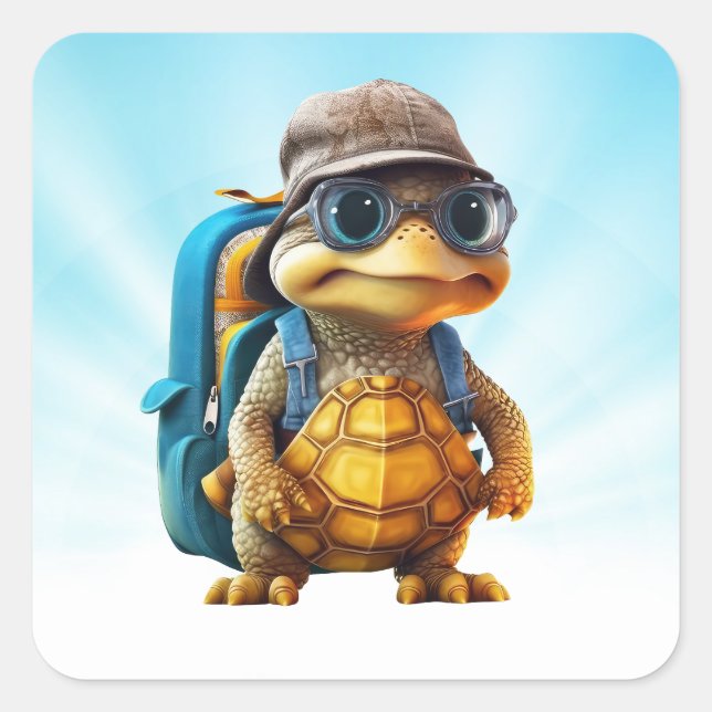 Adventurous Cute Little Turtle with Backpack, Square Sticker (Front)