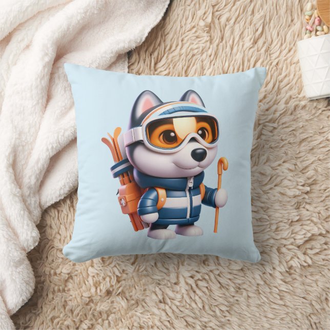 Adventurous Husky Skier Cushion (Blanket)