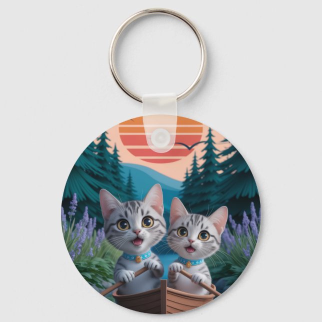 “Adventurous Kittens at Sunset – Cute Cat  Key Ring (Front)