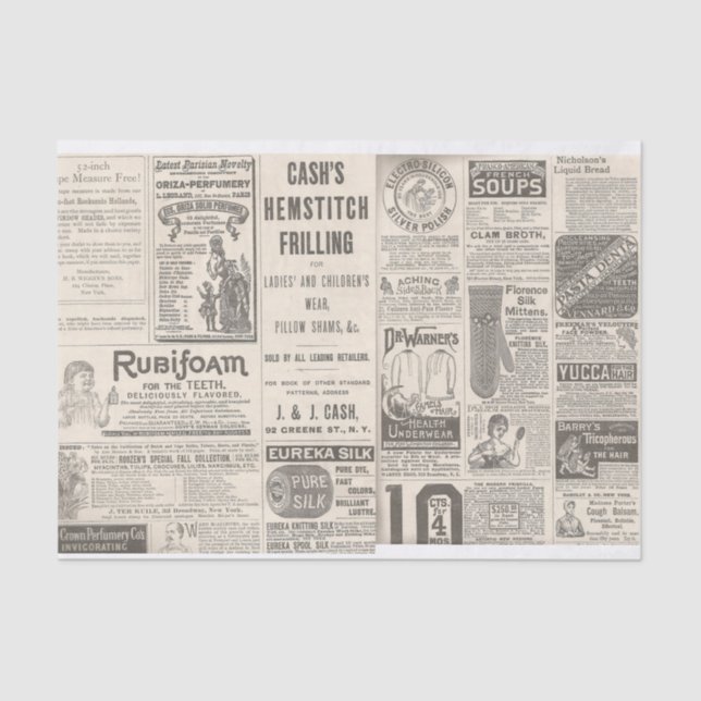Advertisements from 1889 Newspaper Tissue Paper (Front)