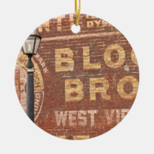 Advertisements on side of building ceramic tree decoration