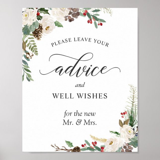 Advice and Well Wishes Sign Rustic Winter Floral (Front)