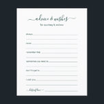 Advice and Wishes<br><div class="desc">These simple, teal and white, modern, minimal, handwritten script Advice & Wishes sheets are perfect to have bridal shower, rehearsal dinner or wedding guests fill out for the happy couple. People will love having the prompts - they make it so easy to leave loving words of advice and well wishes....</div>