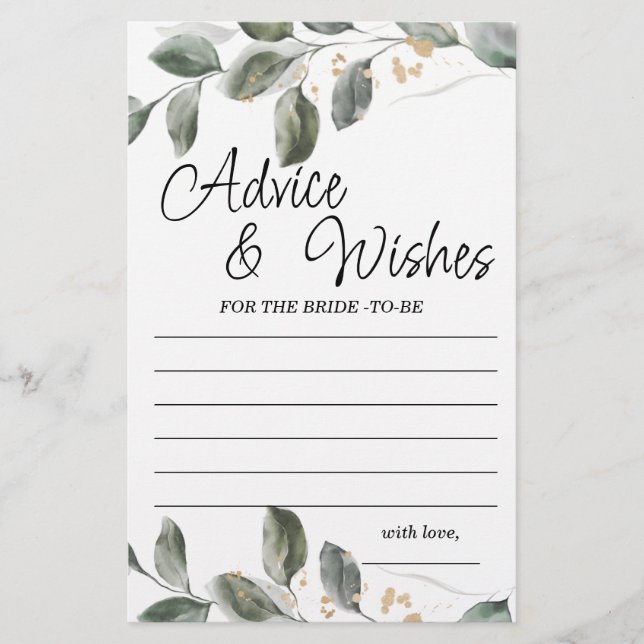 Advice and Wishes Greenery Bridal Shower Game (Front)