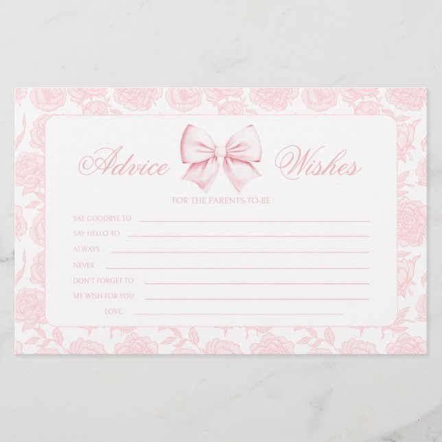 Advice and Wishes Pink Bow Baby Girl Shower Games (Front)