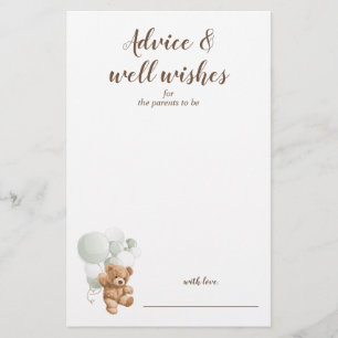 Advice and Wishes Sage Teddy Bear Baby Shower  Flyer